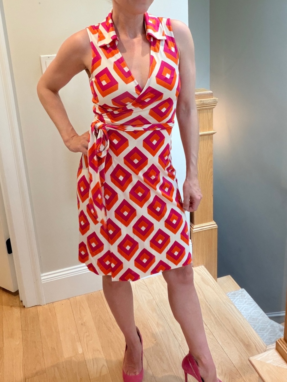 Diane Von Furstenberg Pink and Orange Geometric Sleeveless Wrap Dress